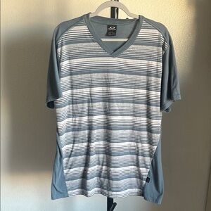 Oakley Men's V-Neck Striped Tee - Blue and Gray cotton blend